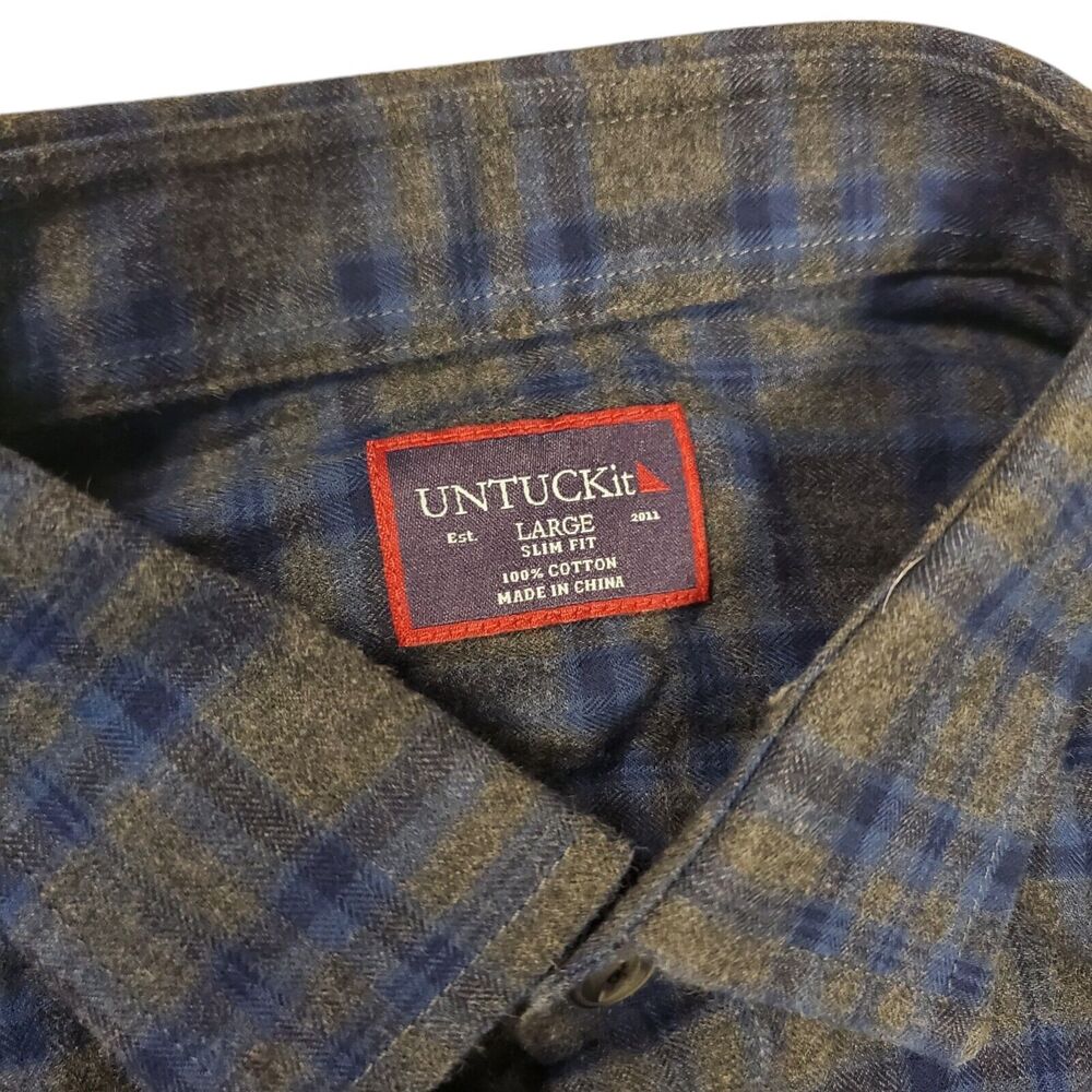 UNTUCKIT Shirt Men Large Green Blue Tartan Plaid Slim Fit Button Up Metro Preppy - Picture 4 of 8